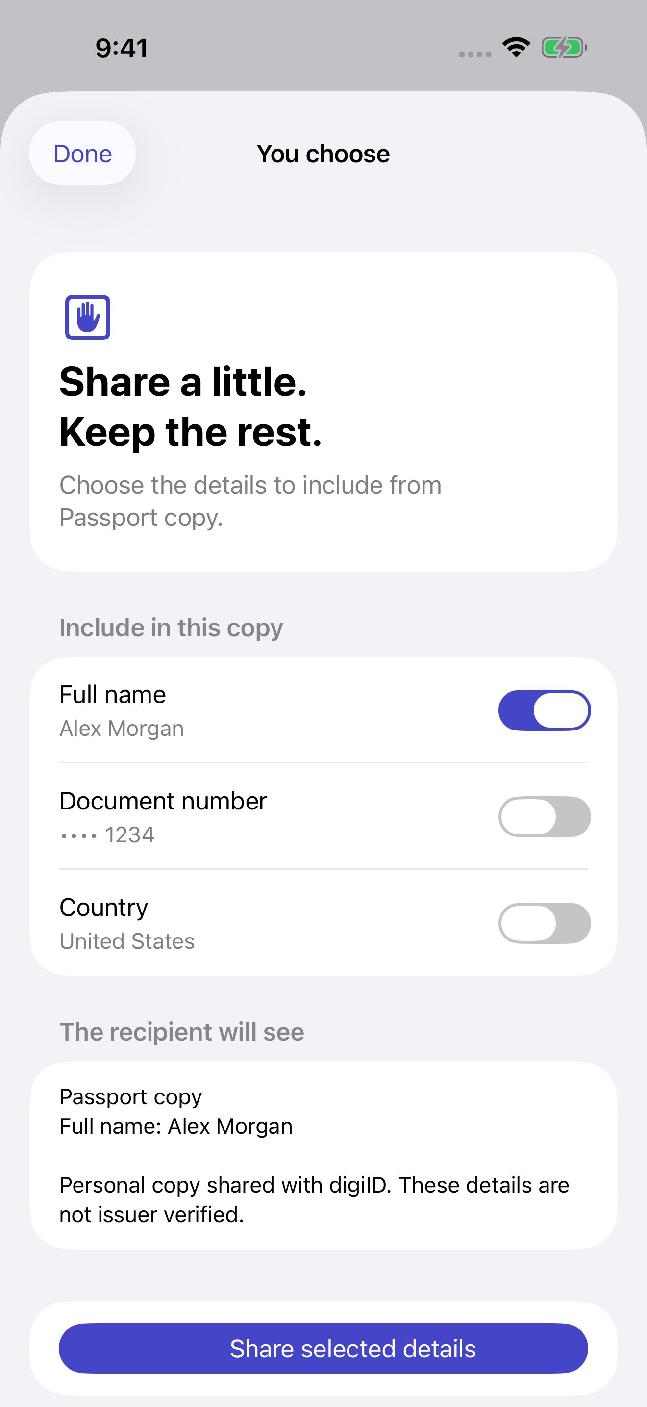 digiID sharing screen with Full name selected, Document number excluded, and the outgoing text visible